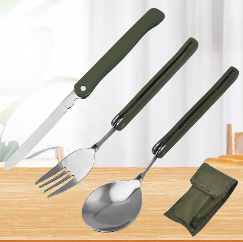 Mini Portable Outdoor Cutlery - Folding Stainless Steel Tool Set - Dark Olive Green / Silver